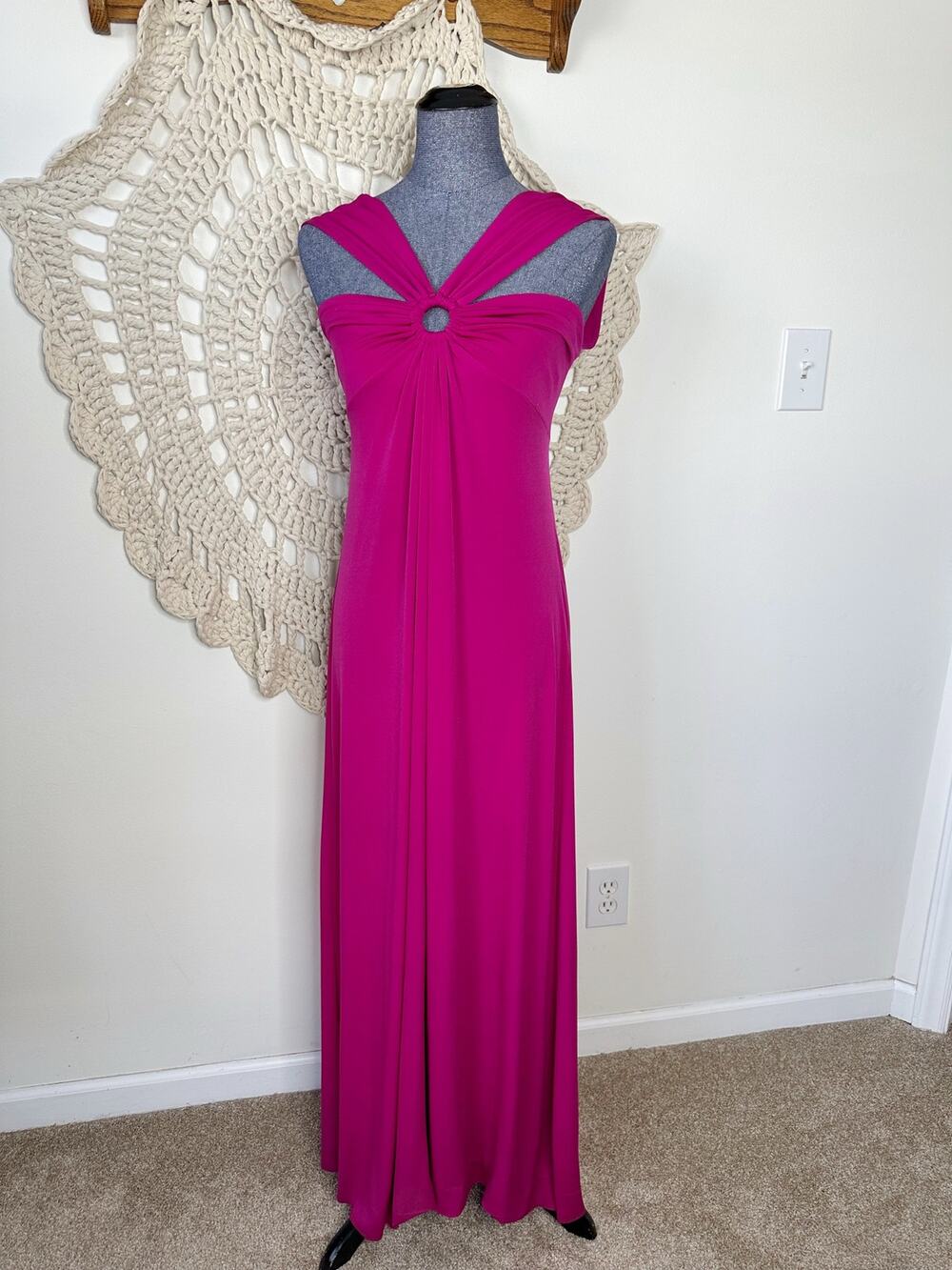 Vintage Y2K Bright Pink Stretch Jersey Cutout Maxi Dress Size Medium